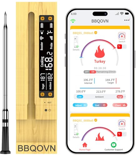 BBQOVN WiFi Sub-1G Wireless Meat Thermometer Unlimited Range with Digital Smart Base 7 NIST Certified Sensors with Ambient Temp Monitor for BBQ, Grill,Oven, Smoker