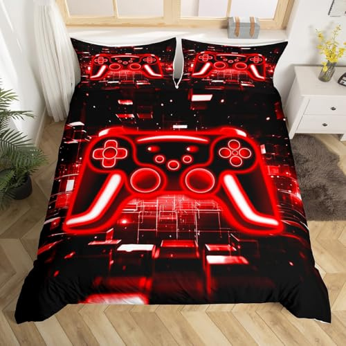 Homewish Gamer Duvet Cover Set Gaming Double Size Bedding Sets - Neon Lights Game Boy Games Comforter Cover Red Brick Cube Bed Set - Gaming Room Decor