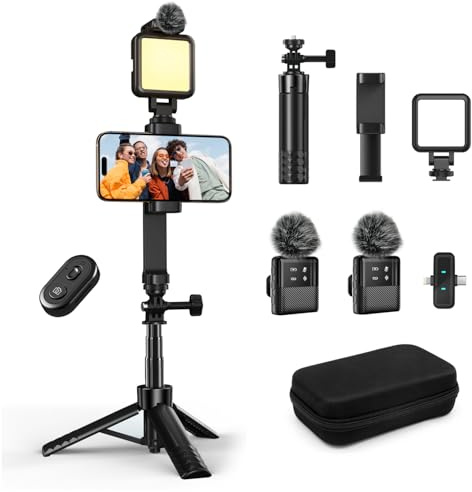 yAyusi Vlogging Kit pour iPhone/Android, Kit Youtuber Comprend Trépied 3 en 1, Lumière LED, Microphone et Housse de Rangement, Idéal pour Interviews de Rue et Enregistrement de Vlog