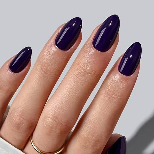 Navy Blue Press on Nails Short Oval Solid Fake Nails Dark Blue Designs False Nails Full Cover Glossy for Women Daily Wear Manicure Decoration 24Pcs