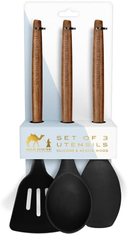 Silk Route Home Set 3 Kitchen Utensils Acacia Wood & Black Silicone Slotted Turner, Spoon & Spatula