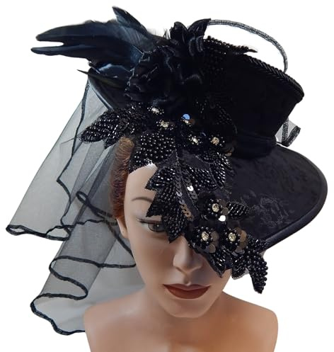 Extravaganter Damenhut in Schwarz, Tropfen Hut mit Schleier, Gothic Fascinator, Burlesque Headpiece, Eleganter Kopfschmuck, Auffälliger Haarschmuck, Fantasy Kostüm, Karneval Hütchen für Damen