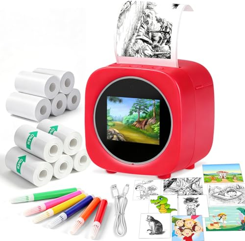 AI Stickerbox Drucker, intelligenter AI Sprachsticker Drucker mit Display, Sprachsteuerung, 6 Kunstmodi, 10 Rollen Fotopapier und 6-Farben Stift, Thermosticker Maschine individuelle Stickerbox für DIY