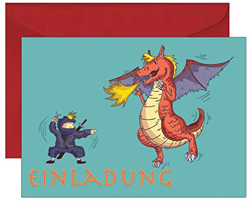 the lazy panda card company Set: 15 Einladungskarten Kindergeburtstag: Ninja und Drache Geburtstagseinladungen Einladungen Geburtstag Kinder Jungen Mädchen (Mit recycelten roten Umschlägen)