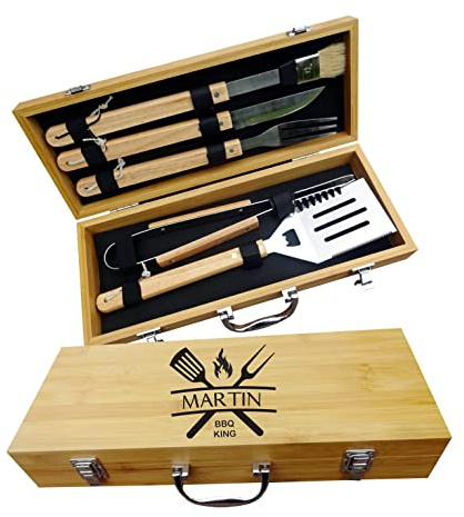 Ensemble de Couverts Personnalisé pour Grill en Acier Inoxydable - King | Boîtier de Grill 5 pièces | Kit Barbecue | Cadeau Anniversaire Homme | Accessoires pour Barbecue par Algis Crafts