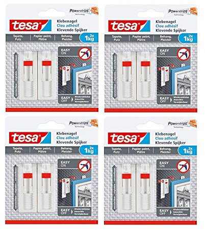tesa Clous adhésifs réglables (pour papier peint et plâtre, clous muraux autocollants réglables en hauteur (1 kg | 8 clous).