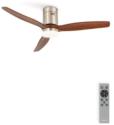 CREATE / WINDCALM/Ventilador de techo ABS con luz níquel efecto aspas madera oscura y mando / 40W, Silencioso, Ø132 cm, 6 velocidades, 3 temperaturas de luz, temporizador, función verano-invierno