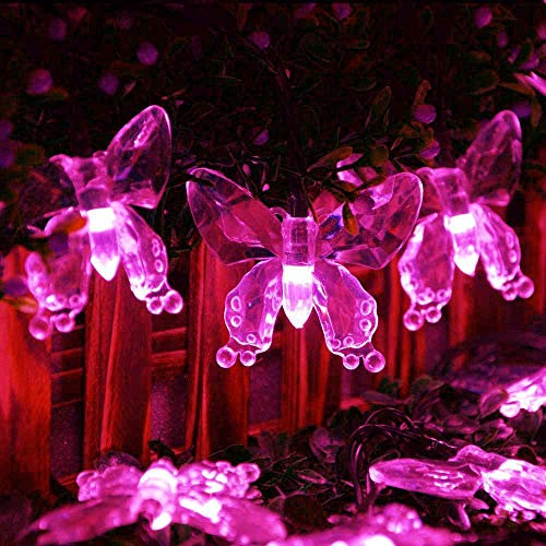 KINGCOO Schmetterling Lichterketten, Wasserdichte 16FT 20LED Butterfly Solar Lampe Dekorative Leuchten für Party Hochzeit Garten Veranda Balkon Weihnachtsfee Beleuchtung Dekorationen (Rosa)