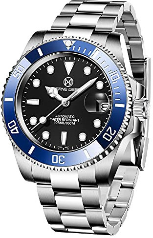 PAGRNE DESIGN Herrenuhr Submariner Automatik Mechanisch Uhren Wasserdicht 100M Analogue Edelstahl-Armband Uhren NH35 (Blue)