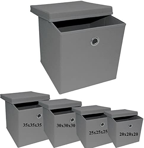 A406 2x Foldable Storage Boxes with Lid Storage Basket with Lid Fabric Cubes with Handles Collapsible Fabric Organiser Clothes Storage Box (X-Large- 35x35x35cm, Grey)