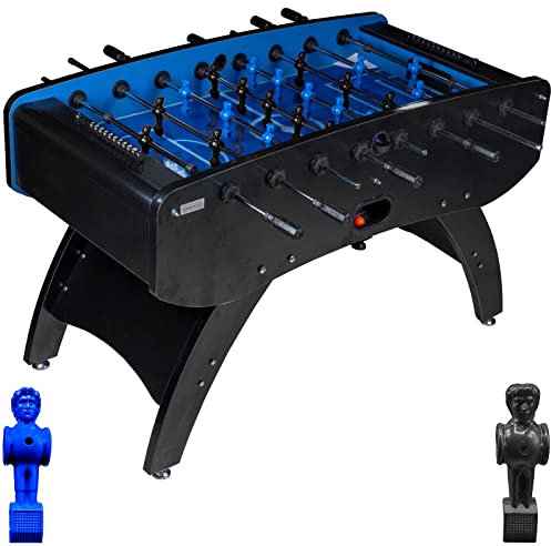 RAMROXX Fußball Tischkicker Profi Schwarz mit Glasspielfeld Figuren Blau Schwarz 85kg
