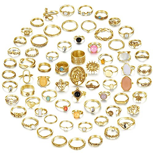 JeryWe 70 Stück Vintage Crystal Ring Set Silber Knöchel Ringe für Frauen, Bohemian Stackable Joint Ring, Retro Boho Stacking Joint Finger Ringe Pack