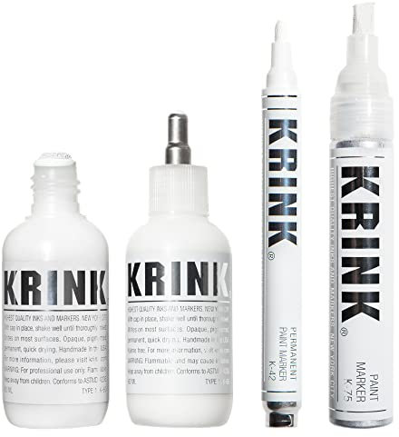 Krink Paint Marker 4-Pc White Set - Graffiti Markers Pack of 4 Includes K-60 Mop - K-66 Ball-Point - K-42 Bullet-Tip - K-75 Chisel-Tip - Alcohol-based White Paint Marker Set for Multiple Surfaces