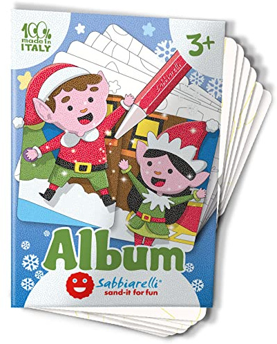 Sabbiarelli Sand-it For Fun - Album Village de Noël, 10 Dessins Autocollants sur le Thème de Noël à Colorier avec du Sable Coloré (non inclus), Bricolages Festifs Créatifs pour Enfants 3+