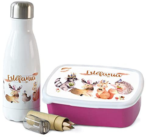 GRAZDesign Brotdose und Trinkflasche Set für Mädchen mit Namen und Waldtiere | personalisierte Brotdose mit Trennwand Trinkflasche aus Edelstahl 350ml | Geschenk zur Einschulung