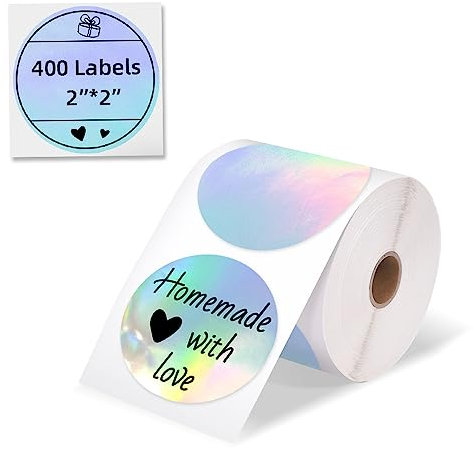 Phomemo 5,1 cm Holographic Silver Thermo-Etiketten, selbstklebendes Aufkleber-Etikett, rundes direktes Thermo-Etikett für Dankeskarte, Logo, Name, Preis, Adresse, QR-Code, 400 Etiketten