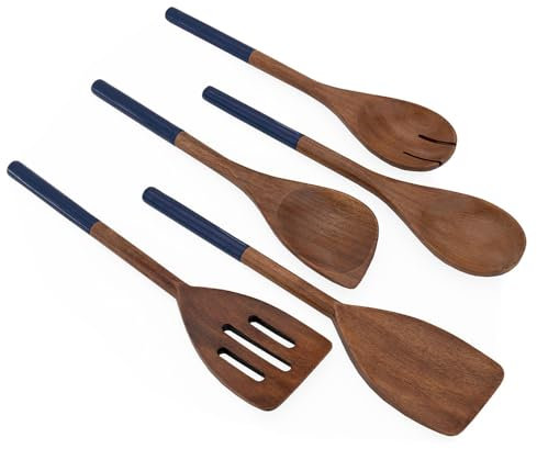 Chef Pomodoro Mestoli Legno da Cucina, Set da 5 Pezzi (30,5 cm Ciascuno), Utensili Cucina Legno Antiaderenti, Include Cucchiaio, Spatola, Paletta, Schiumarola e Cucchiaio a Forchetta (Blu Scuro)