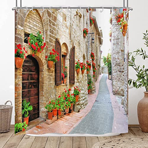 Hnmdmyi Duschvorhang 3D 180x220, Garten Floral Landschaft Straße Allee Bild Duschvorhänge Italien Outdoor Blumen Ansicht Badewanne Vorhang Wasserdicht Polyester Stoff Waschbar Badevorhang mit Haken