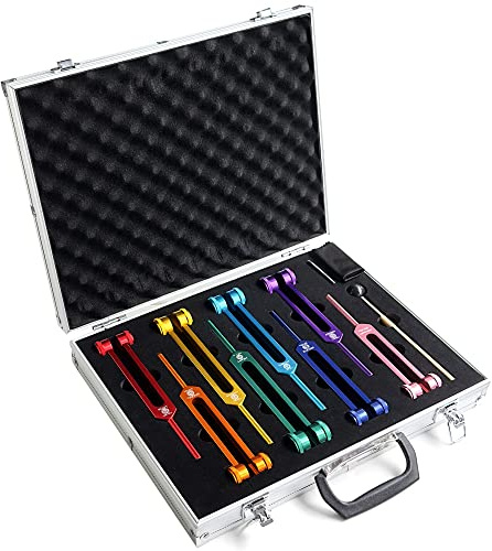 Lrowvenu Chakra Tuning Fork Set for Healing, 7 Chakra and 1 Soul Purpose Weighted Colorful Solfeggio Tuning Forks, Aluminum Alloy With Rubber Mallet, Wrench, Cleaning Cloth And Exquisite Aluminum Box.