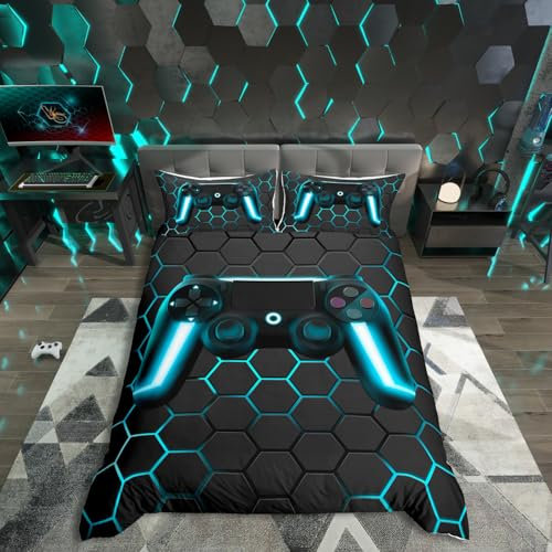 Ensembles de Literie Gamer 200x200 pour Garçons,Housse de Couette Gaming Enfants Housse Couette Jeux Vidéo,Parure de Lit Manette de Jeu Géométrique Nid D'Abeille pour La Chambre Des Adolescents