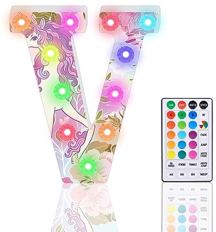 Light Up Letters, Glitter LED Letter Lights 18 Color Changing Diamond Alphabet Sign Night Light with Remote Control for Girls Gifts Birthday Bar Wedding Party Christmas Valentine Wall Table Decor - V