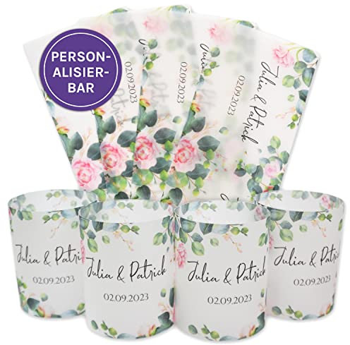 FEENSTAUB Tischdeko Hochzeit, Rosen 4er Set Windlicht-hüllen aus Transparentpapier personalisierbar, Kerzen Tischdeko Hochzeit, Hochzeitsdeko Tisch, Tischschmuck, Tischdekoration Silberhochzeit