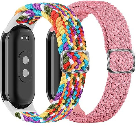 JMDZDL Cinturino Compatibile con Xiaomi Mi Band 9/ Mi Band 8, [2 Pezzi] Elastica Sportivo Cinturini di Ricambio per Xiaomi Smart Band 9/ Smart Band 8 Nylon Intrecciato Bracciale Rosa + Arcoíris
