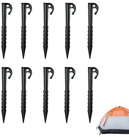 10 Pcs Plastic Tent Pegs Heavy Duty Plastic Tent Nails, Tent Stakes Pegs Plastic Camping Pegs Jagged Black Outdoor Tent Hard Ground Pegs Tent Plastic Stakes