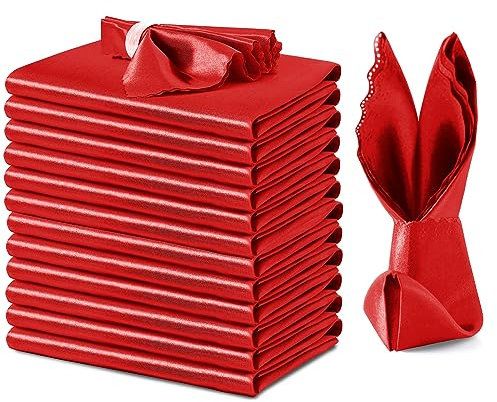 VACVELT Rote Satin-Servietten, 43,2 x 43,2 cm, Hochzeit, elegante Abendessen, quadratische Servietten, gewelltes Dekor, seidiges Satintuch für Restaurant, Bankett, Abschlussfeier, Party, 12 Stück