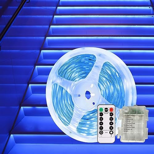 Gaoxun Batterie LED Strip 3M für Halloween, Blau LED Streifen Batteriebetrieben mit Fernbedienung, LED Band Selbstklebend, 8 Modi, Timer, Schneidbar, Wasserdicht Lichtband Zuhause Party Treppe Deko