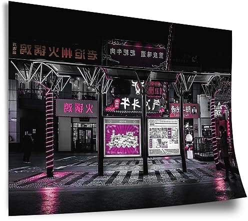 Printistico Poster Pinke Akzente in Japan, Schwarz Weiß, black and white, Fotografie, Kunstdruck ohne Rahmen, Wandbild - A4, A3, A2, A1, A0, XXL - Wohnzimmer, Schlafzimmer, Küche, Deko