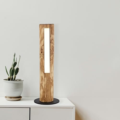 Lightbox dimmbare LED Tischlampe - Tischleuchte im Landhaus Stil mit Touchdimmer - 46 cm Höhe - Ø 15 cm - 8 W - 800 lm - 3000 K - aus Holz/Metall - in gebeiztem Kiefer/Braun