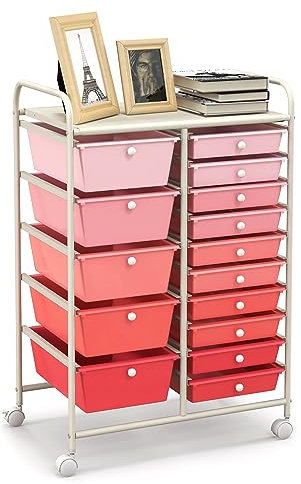 GOPLUS Desserte à roulettes avec 15 Tiroirs en Plastique Coulissant, Cadre Fer Blanc, 63x37x87CM, Chariot de Rangement à roulettes, 2 avec Frein, Poignée Latéral, pour Chambre, Bureau (Rose Dégradé)