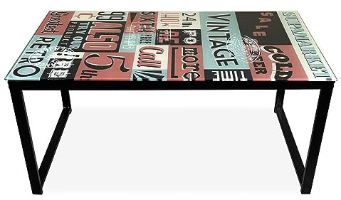 Somnia Descanso - Mesa de Centro de Vidrio Impreso con Patas Metálicas, Modelo Retro, Mesita de Salón o Comedor, Medidas: 90 cm (Ancho) x 50 cm (Fondo) x 43 cm (Alto)