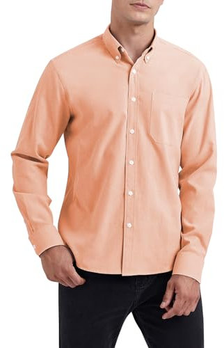 HISDERN Mens Oxford Shirt Long Sleeve Casual Button Down Dress Shirts for Formal Business Light Orange 3XL