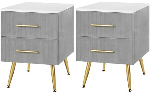 WOLTU Set di 2 Comodino Camera da Letto in Velluto con Due Cassetti, Cassettiera in Legno, Organizzatore da Letto, Gambe in Metallo, Bianco e Grigio, TS134gr-2