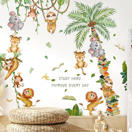 Wandtattoo Dschungel Tiere Baum Reben Wandaufkleber, Löwe Affen Koala Tiere Wandsticker Babyzimmer, Kinderzimmer Schlafzimmer Wanddeko