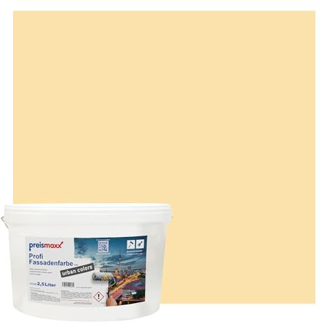 Preismaxx Profi Fassadenfarbe urban colors, bunte Außenfarbe, gelb, sandgelb, sand yellow 2,5L, matte, wasserabweisende Aussen-Dispersion, hohe Wasserdampfdurchlässigkeit