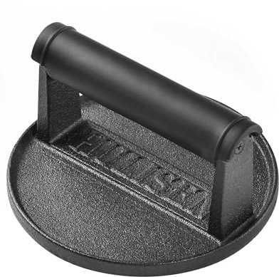 HULISEN Pre-Seasoned Cast Iron Burger Press, Heavy Duty Burger Smasher for Griddle with Heat Resistant Handle, Grill Press for Hamburger, Bacon, Meat, Steak, Patty, Sandwich, Barbecue Grilling Tool