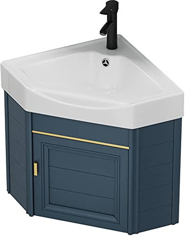 Mueble y fregadero de esquina para baño, lavabo de cerámica con desagüe y kit de instalación, fregadero de montaje en pared con grifo de agua fría y caliente y desbordamiento, para lavandería, cocina