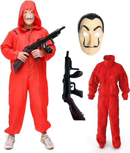 TK Gruppe Timo Klingler 10x Kostüm Set - Haus des Geldes 3 in 1 Unisex für Erwachsene Unisex mit Dali Salvador Maske, Gewehr, Anzug für Fasching & Halloween (XL-XXL /180-200 cm) - 10x !