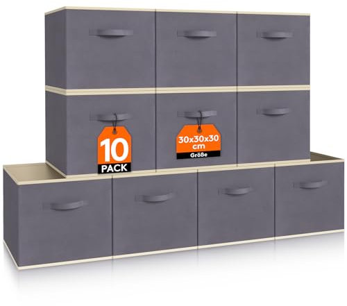 Lifewit 10 Stück Aufbewahrungsbox aus Stoff, Faltbar Aufbewahrungswürfel Boxen Aufbewahrung Ordnungsboxen aus Vliesstoff mit Griff für Kisten Kallax Boxen Regal 30 X 30 X 30 Cm, Grau