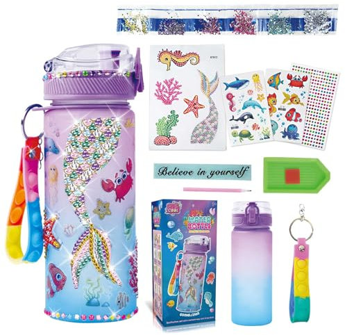 Decorate Your Own Water Bottle Kits for Girls - Gem Diamond Painting Arts and Crafts Toys Gifts for 4+ Year Old Girls Kids Birthday (Purple Mermaid)