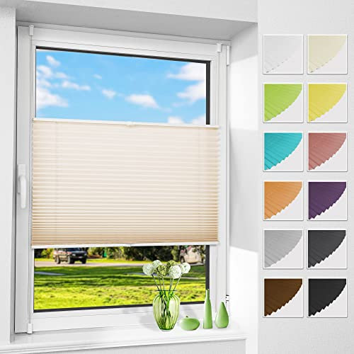 Allesin Plissee ohne Bohren Plissees Klemmfix Creme 100x110cm(BxH), Plisseerollo Faltrollo mit Klemmträger, Jalousie Rollos für Fenster und Tür, Sichtschutz und Sonnenschutz