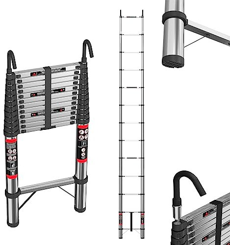 5M/16.4FT Teleskopleiter, Edelstahl Klappleiter Mehrzweck-Dachbodenleiter mit 2 Abnehmbaren Haken, 330lb/150kg Kapazität