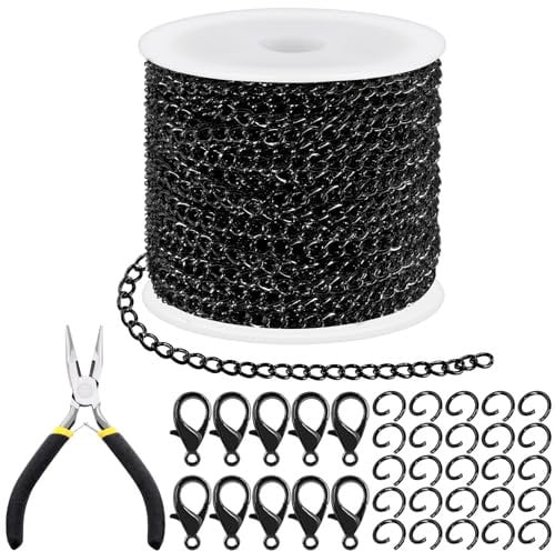 Tanstic 102Pcs 30 Fuß Schmuck machen Ketten Halskette Ketten Bulk Kabel Link Kette mit 50Pcs Jump Rings, 50Pcs Hummer Klammern, Zangen für Armband Halskette machen (schwarz)