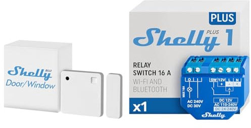 Shelly Blu Door/Window Weiß | Bluetooth betriebener Tür- & Fenstersensor & Plus 1 | WLAN & Bluetooth Smart Relais Schalter | Hausautomation