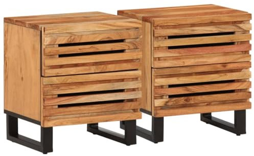vidaXL Nachttische 2 STK., Nachttisch mit Stauraum Metallbeine, Nachtschrank für Schlafzimmer, Nachtkommode Nachtkonsole, Massivholz Akazie