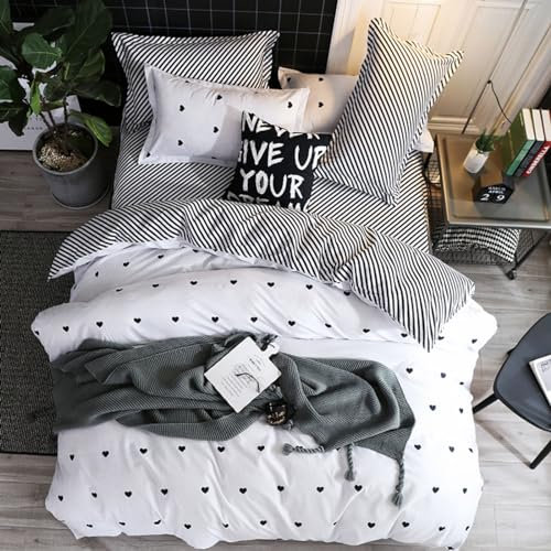 Freyamy Bettwäsche 155x220cm 2teilig Weiß Schwarz Herz Bettwaren-Sets 100% Microfaser Weiche Wendebettwäsche Romantisch Liebe Bettbezug mit Reißverschluss und Kissenbezug 80x80cm