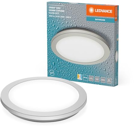 LEDVANCE ORBIS Disc Wand-/Deckenleuchte mit LED, Chrom, 22W, 1800lm, 3000/4000K, über Wandschalter mit Click CCT einstellbar, 30cm Durchmesser, IP44 Schutz für Badezimmer, Schrauben/Dübel inklusive